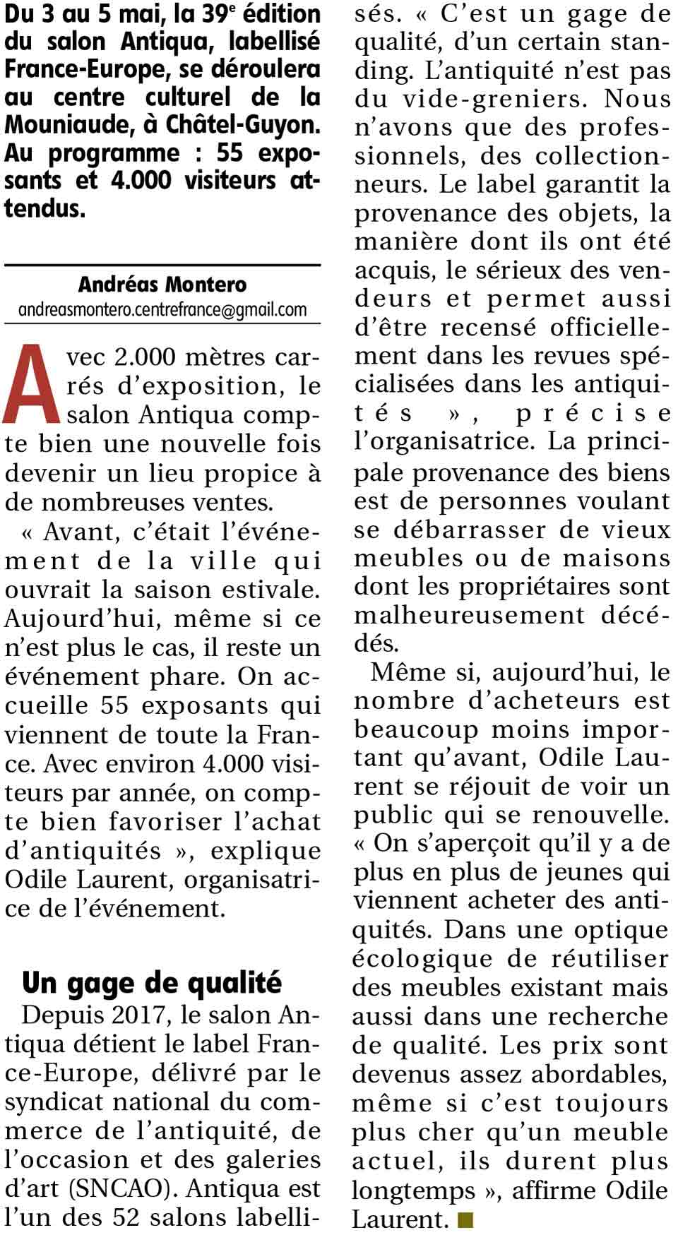 salon antiquaires Châtel-Guyon auvergne article journal La Montagne 30 avril 2019