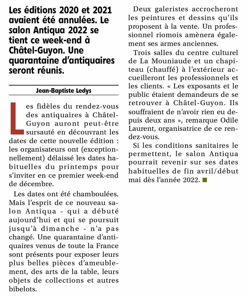 salon antiquaires Châtel-Guyon auvergne article journal La Montagne 3 décembre 2021
