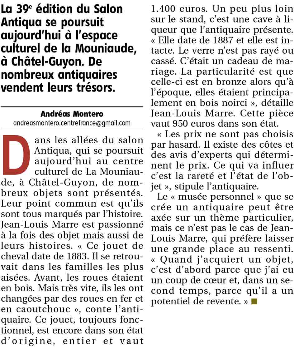salon antiquaires Châtel-Guyon auvergne article journal La Montagne 5 mai 2019